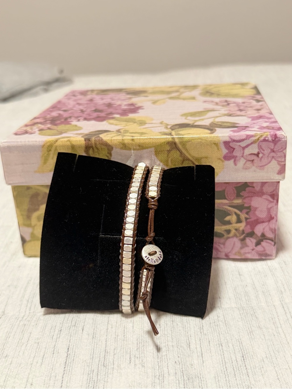 Stella & Dot Ivory Beaded Double-Wrap Bracelet on Brown Cord